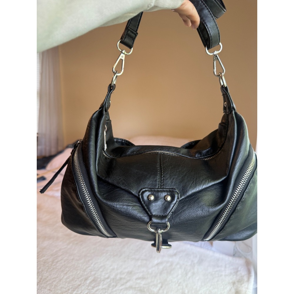 Sam & Hadley Black Vegan Leather Hobo Shoulder Bag Silver Hardware Edgy Slouchy